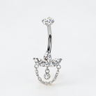 Internally threaded titanium belly ring with marquise cubic zirconia and dangling chain