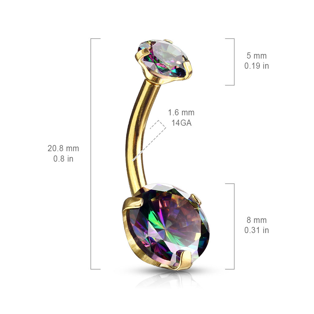 Internally Threaded Dark Aurora Belly Button Ring (14G | 10mm | Surgical Steel | Gold, Rose Gold, and Silver Options, Multiple CZ Color Options)