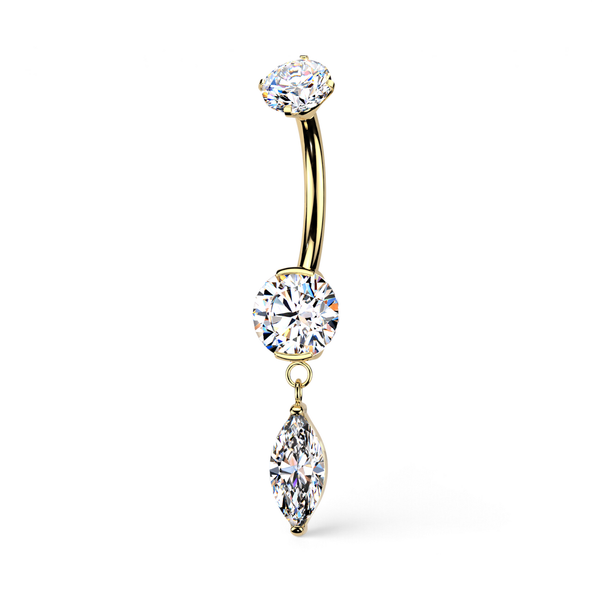 Ondelle internally threaded titanium belly button ring in gold with sparkling round CZ stones and a dangling marquise-cut crystal.