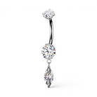 Ondelle internally threaded titanium belly button ring in silver with sparkling round CZ stones and a dangling marquise-cut crystal.