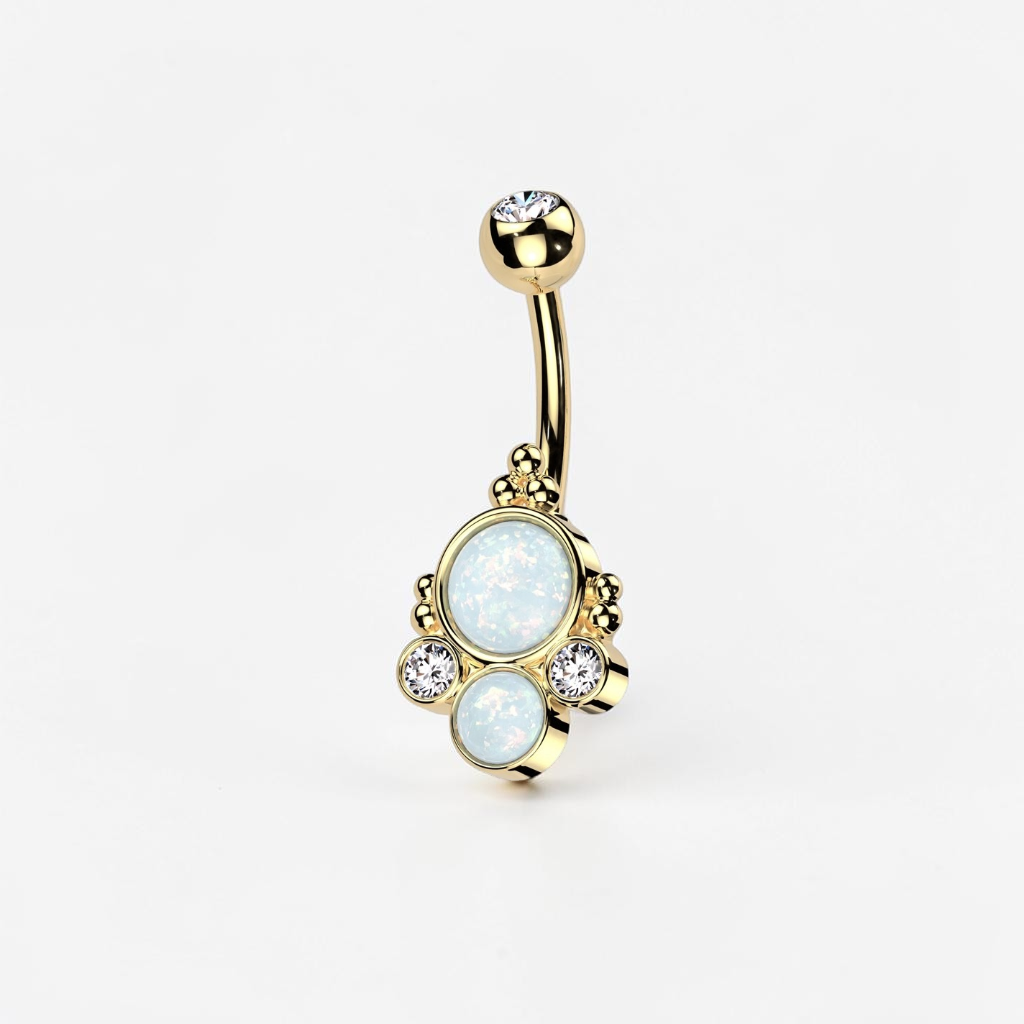 Gold titanium belly button ring with white faux opal, iridescent navel piercing jewelry