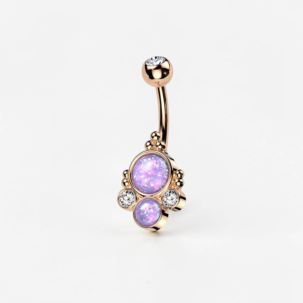 Rose gold titanium belly button ring with purple faux opal, iridescent navel jewelry