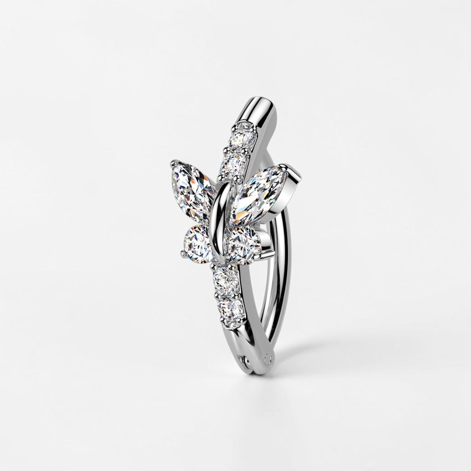 Surgical steel belly button ring with butterfly CZ design and hinged closure