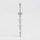 Silver belly button ring with dangling crystals on a white background