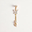 Gold belly button ring with butterfly and chain design on a white background