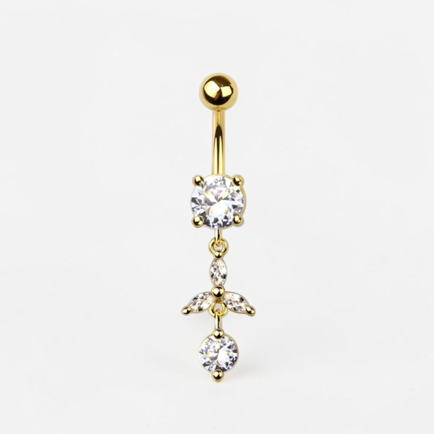 Titanium belly button ring with marquise CZ cluster and round dangle, dainty navel jewelry