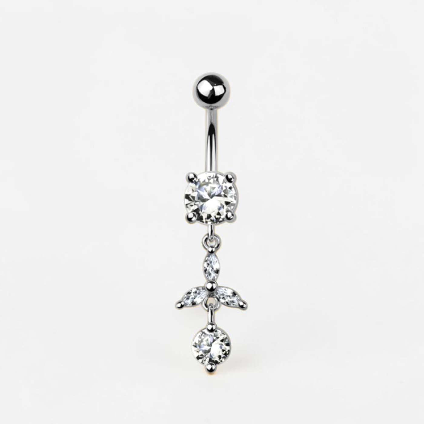 Titanium belly button ring with marquise CZ cluster and round dangle, dainty navel jewelry