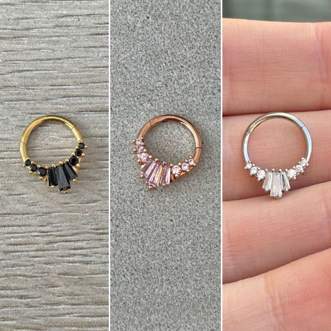 Unique Gold & Black Daith Earring (16G | 8mm or 10mm | Surgical Steel | Gold w/Black CZs, Silver w/Clear CZs, Rose Gold w/Pink CZs)