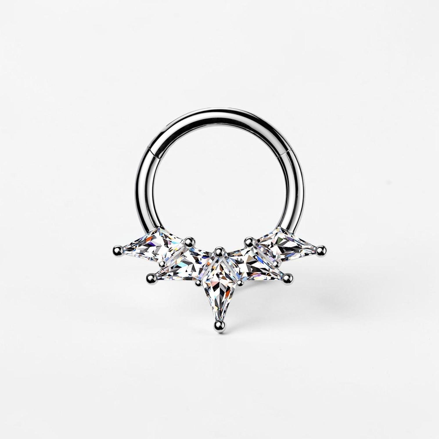 Faceted CZ titanium daith earring with crown-like geometric design and hinged clicker closure