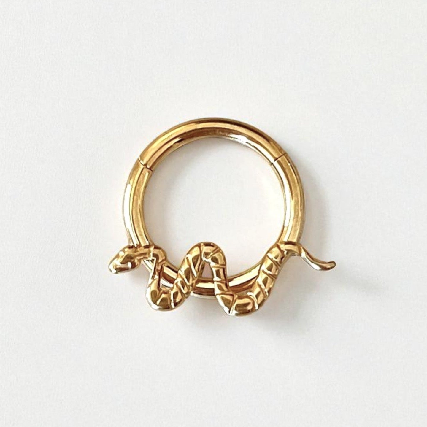 Gold nose ring with a snake design on a white background