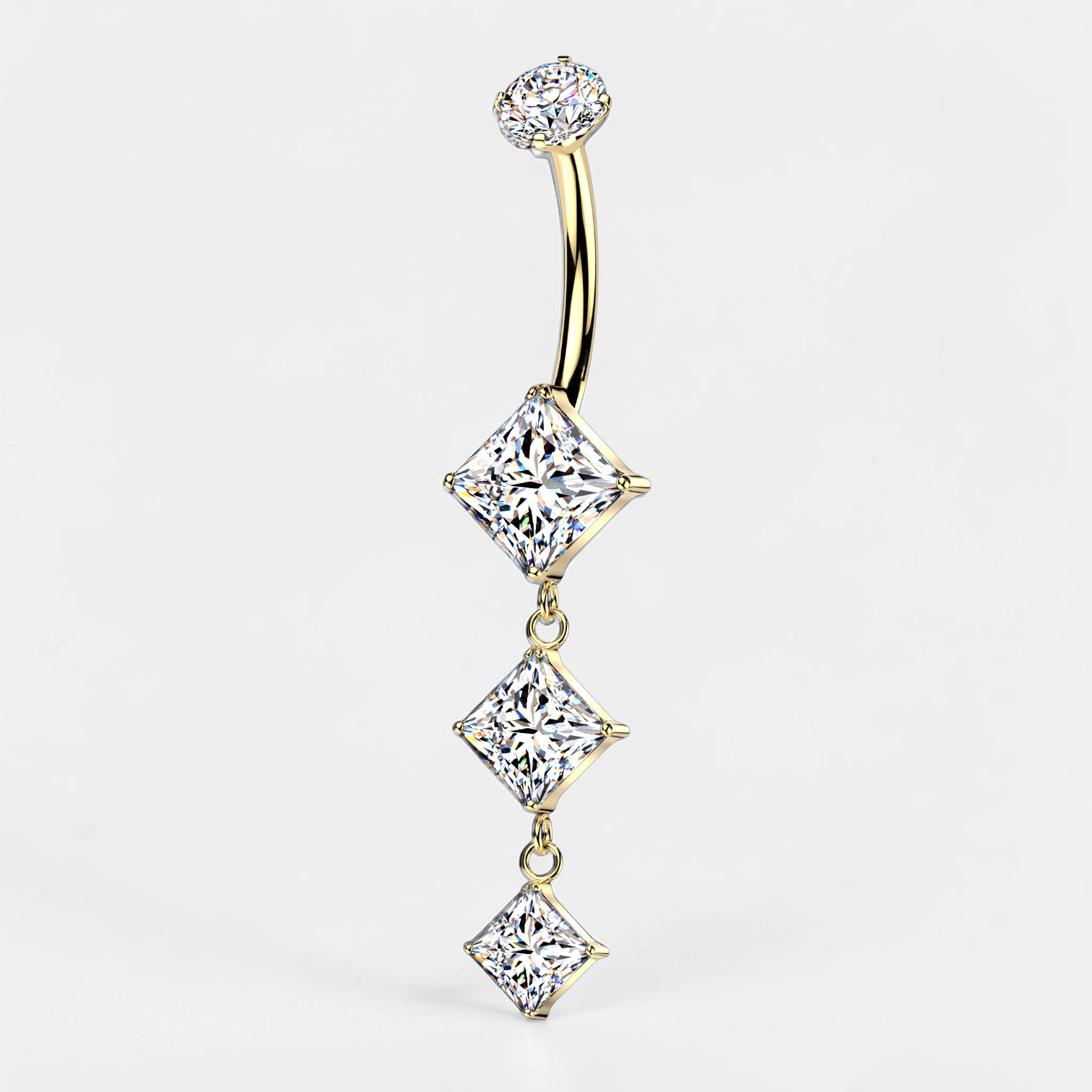 Titanium belly button ring with cascading geometric CZ drop and internally threaded design