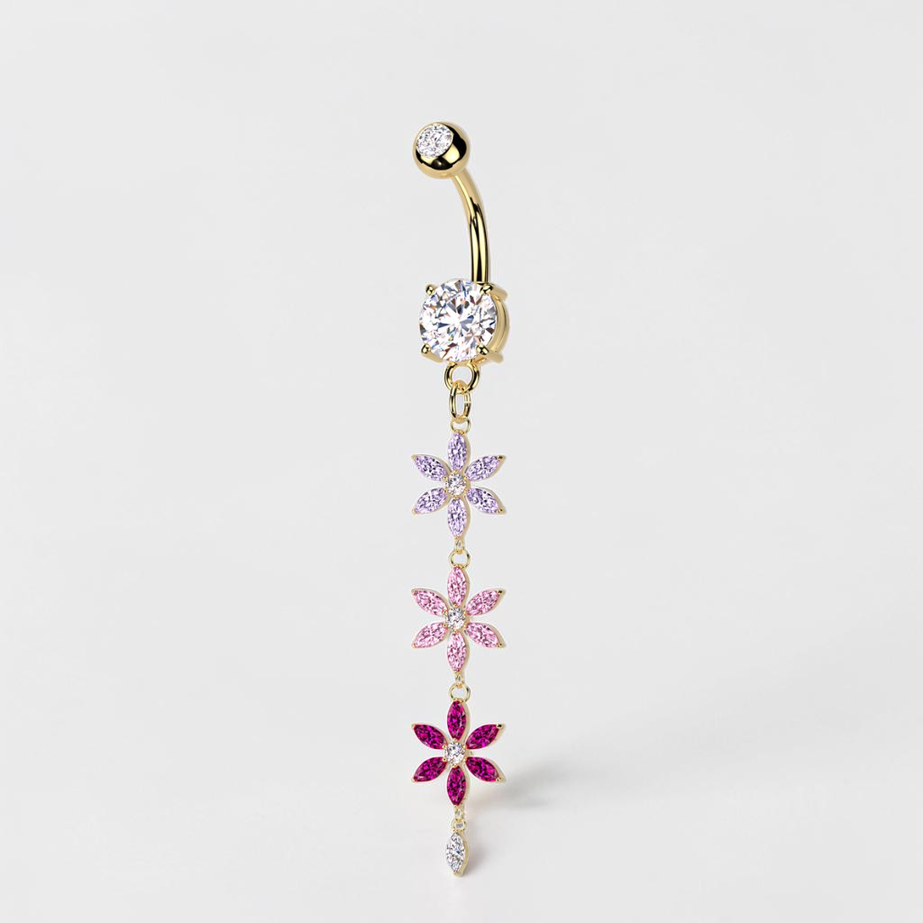 Gold floral belly button ring with multicolor CZ flowers, dangle navel piercing jewelry