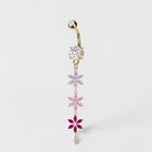 Gold floral belly button ring with multicolor CZ flowers, dangle navel piercing jewelry