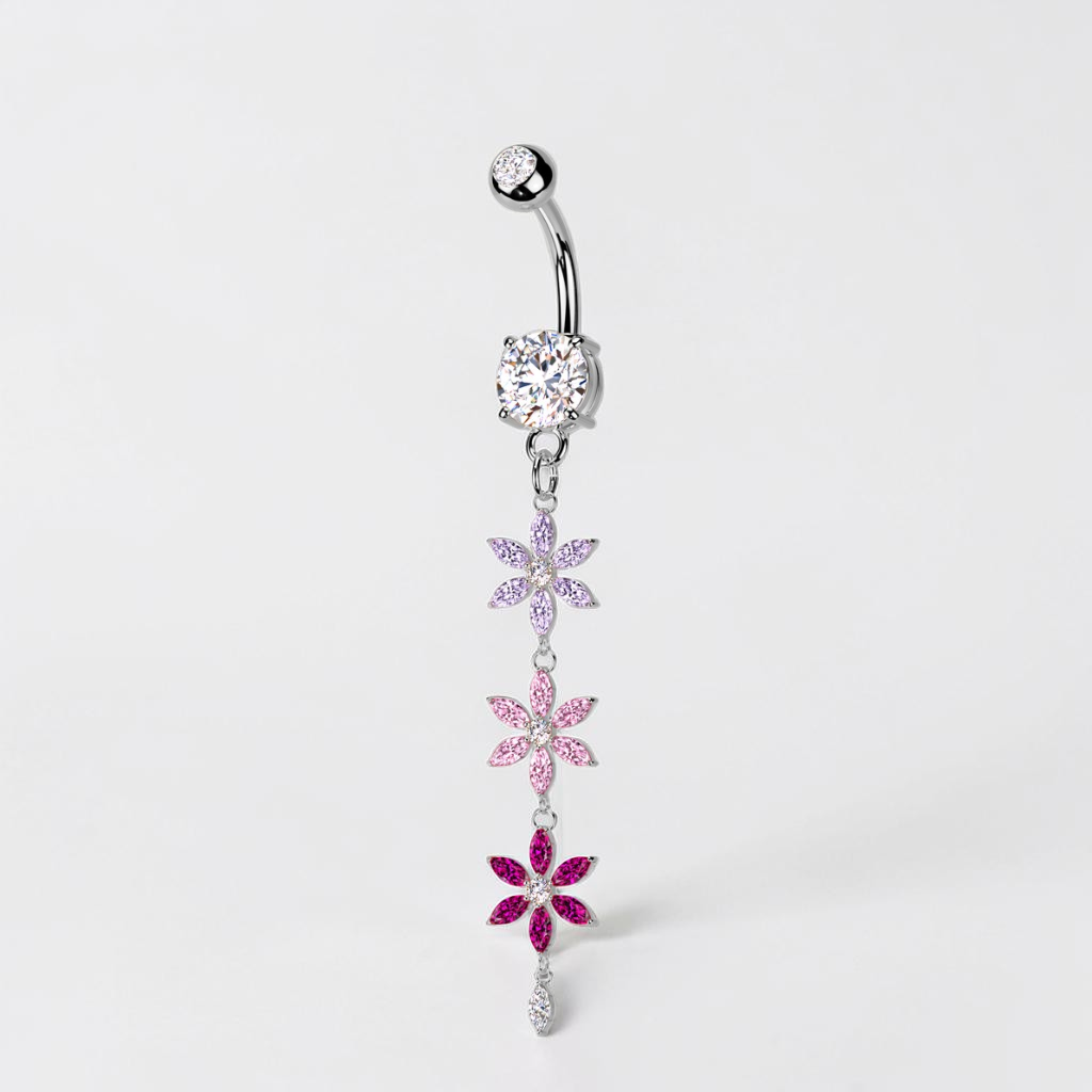 Silver floral belly button ring with pink, purple, and red CZ flowers, dangling navel jewelry