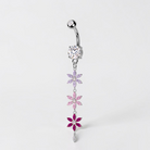 Silver floral belly button ring with pink, purple, and red CZ flowers, dangling navel jewelry