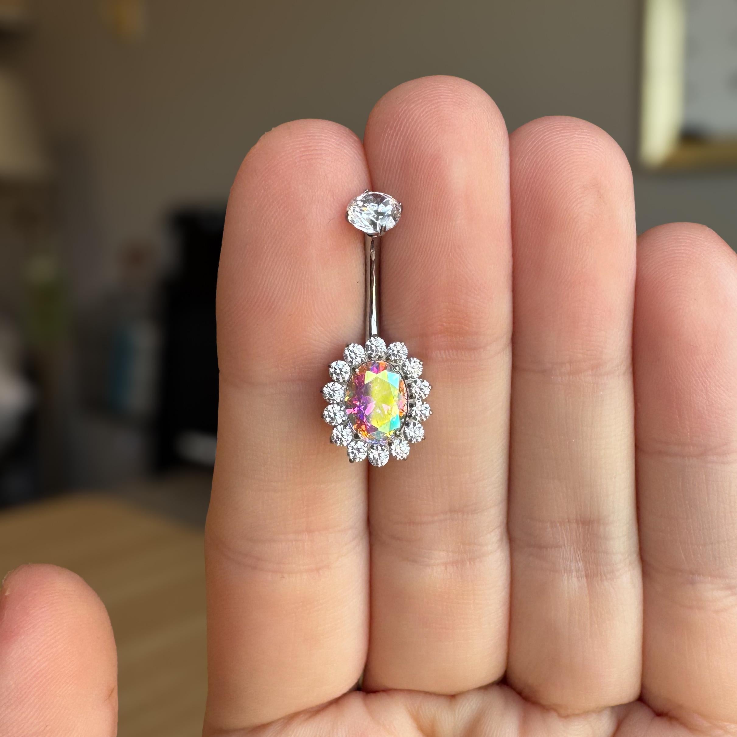 Amaris Halo Belly Button Ring-Belly Button Rings-Silver/Aurora CZs-Elara Body Jewelry