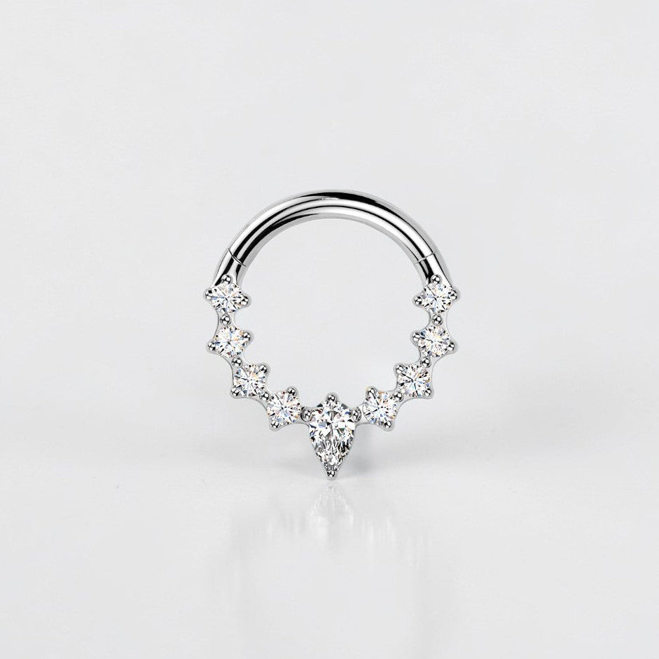 Elara Body Jewelry silver titanium septum ring with teardrop CZ and side CZ stones, 16G