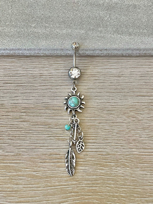 Dangly Turquoise Belly Button Ring (14G, 10mm, Surgical Steel)