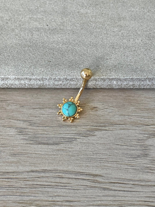 Boho Gold & Turquoise Sun Belly Button Ring (14G, 10mm, Surgical Steel)