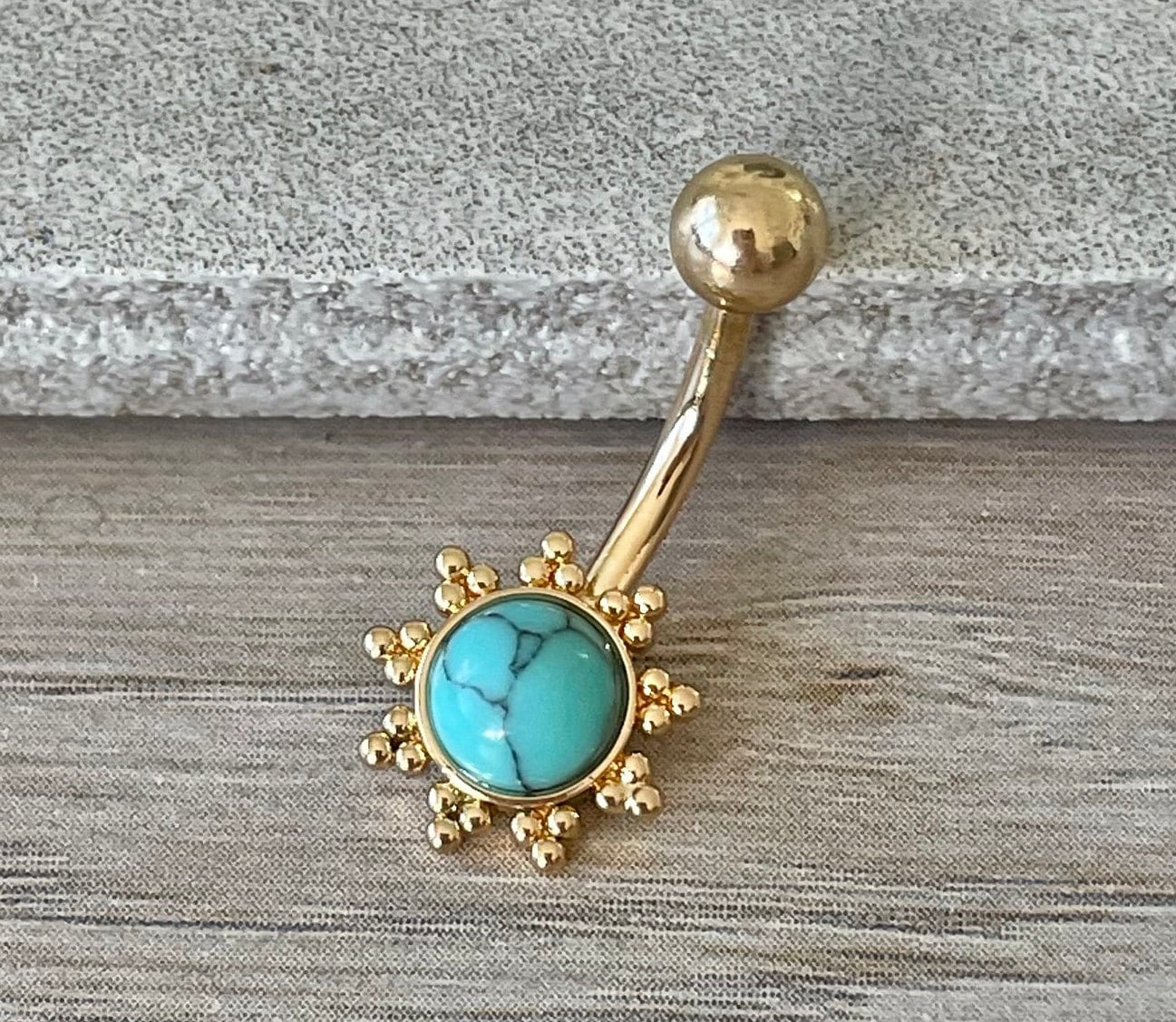 Boho Gold & Turquoise Sun Belly Button Ring (14G, 10mm, Surgical Steel)