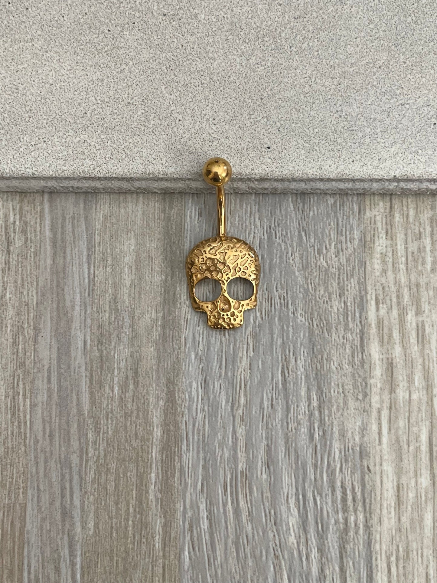 Gold Halloween Skull Belly Button Ring (14G, 10mm, Surgical Steel, Gold or Silver)