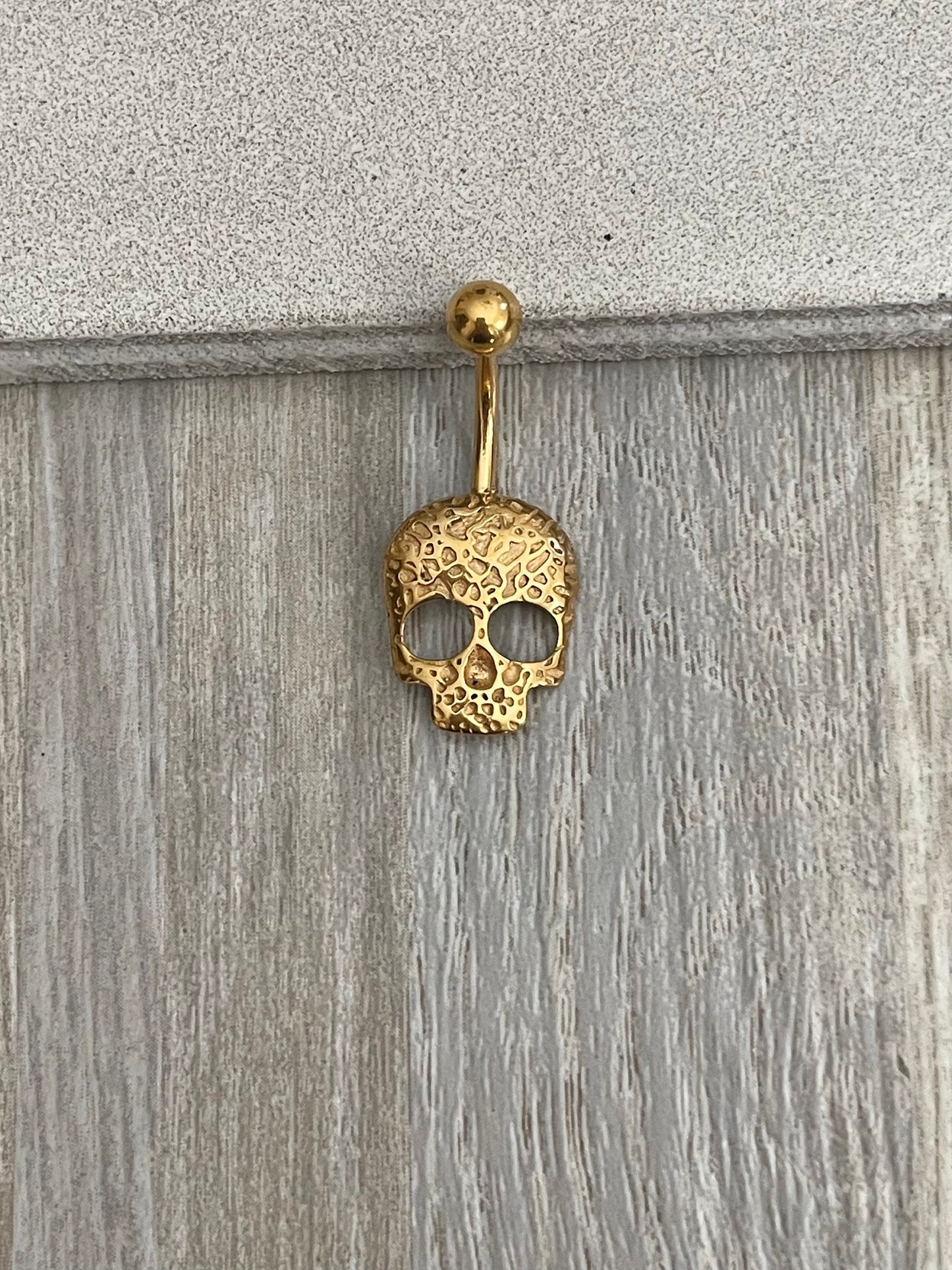 Gold Halloween Skull Belly Button Ring (14G, 10mm, Surgical Steel, Gold or Silver)