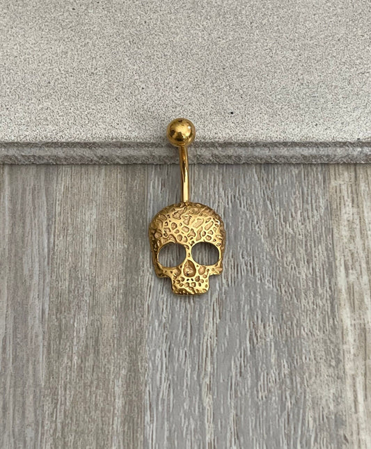 Gold Halloween Skull Belly Button Ring (14G, 10mm, Surgical Steel, Gold or Silver)