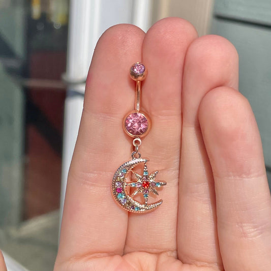 Belly Button Ring Rose Gold Moon (14G | 10mm | Surgical Steel | Rose Gold or Gold)