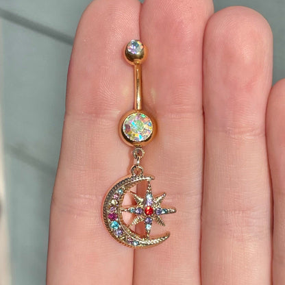 Belly Button Piercing - Colorful Gold Moon (14G | 10mm | Surgical Steel | Rose Gold or Gold)