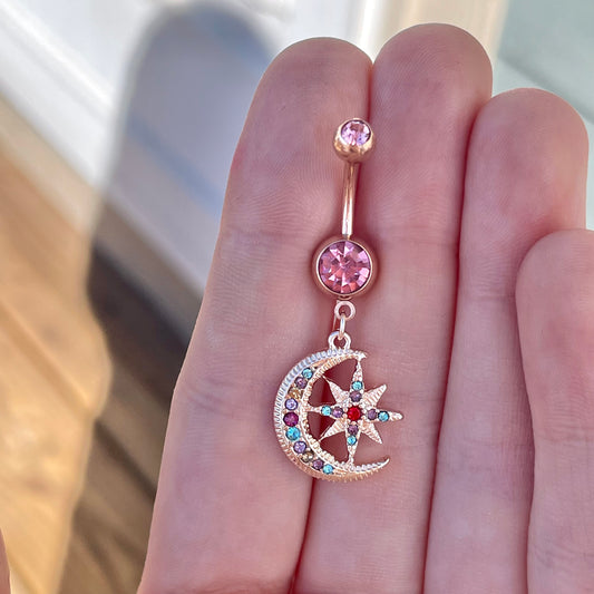 Belly Button Ring Rose Gold Moon (14G | 10mm | Surgical Steel | Rose Gold or Gold)