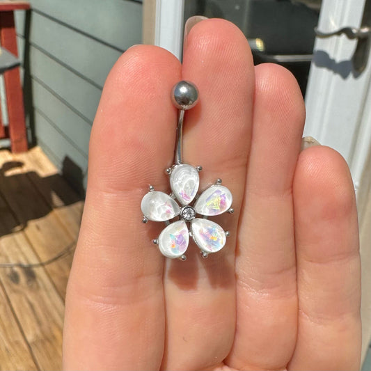 Silver Hibiscus Flower Belly Button Ring (14G | 10mm | Surgical Steel | Silver, Gold or Rose Gold)