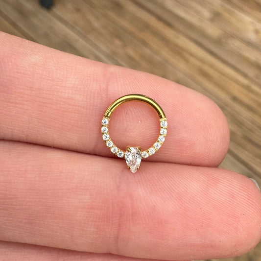 Gold Septum Ring Pave Teardrop CZ (16G, 8mm, Surgical Steel, Gold or Silver)