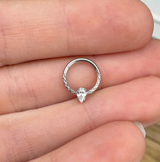 Teardrop Hammered Septum Ring Silver (16G, 8mm, Surgical Steel, Silver or Gold)