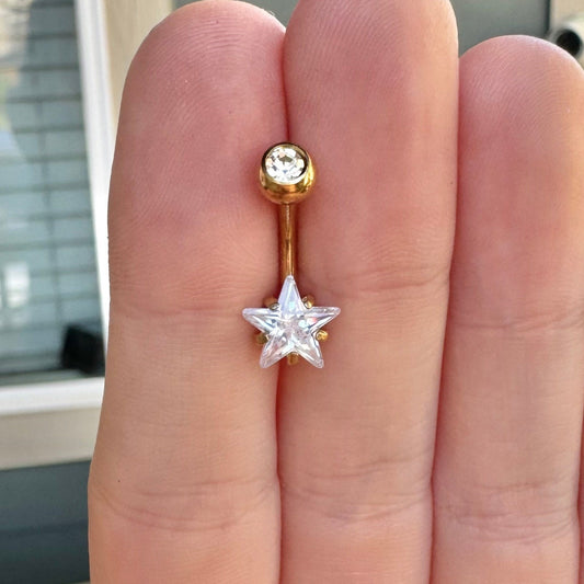 Mini Star Belly Button Ring (14G, 10mm, Surgical Steel, Gold)