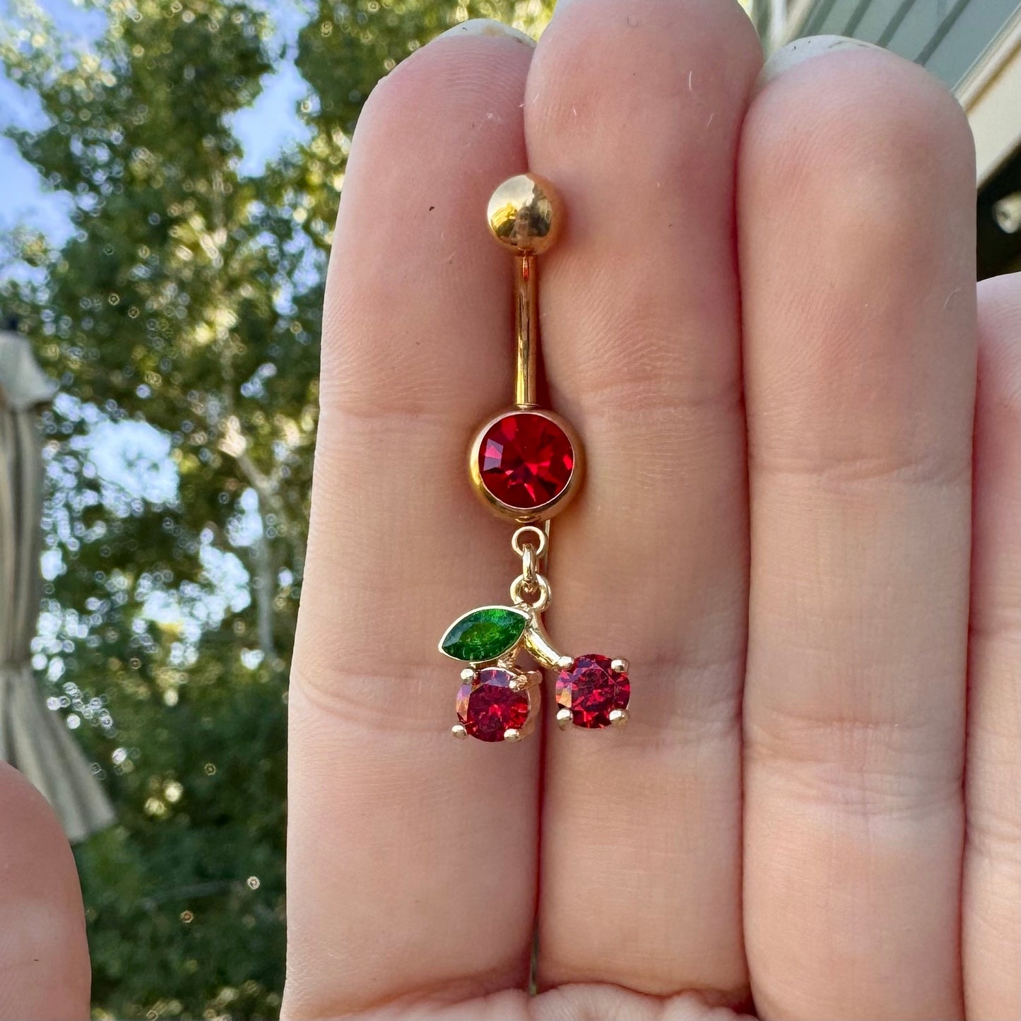 Dangly Cherry Belly Button Ring (14G, 10mm, Surgical Steel)