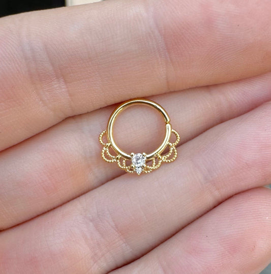 Gold Filigree Septum Ring (16G, 10mm, Rose Gold, Gold or Silver)