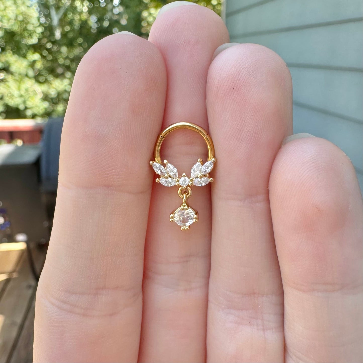 Dangly CZ Leaf Septum Ring (16G, 8mm or 10mm, Surgical Steel, Gold, Rose Gold, or Silver)