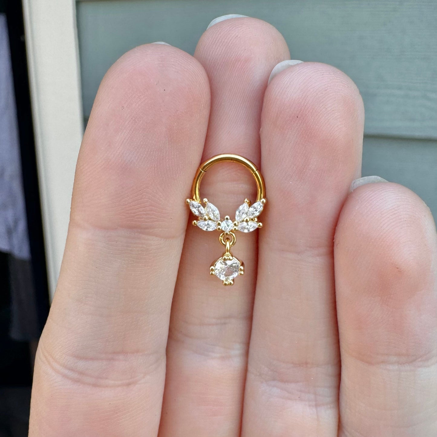 Dangly CZ Leaf Septum Ring (16G, 8mm or 10mm, Surgical Steel, Gold, Rose Gold, or Silver)