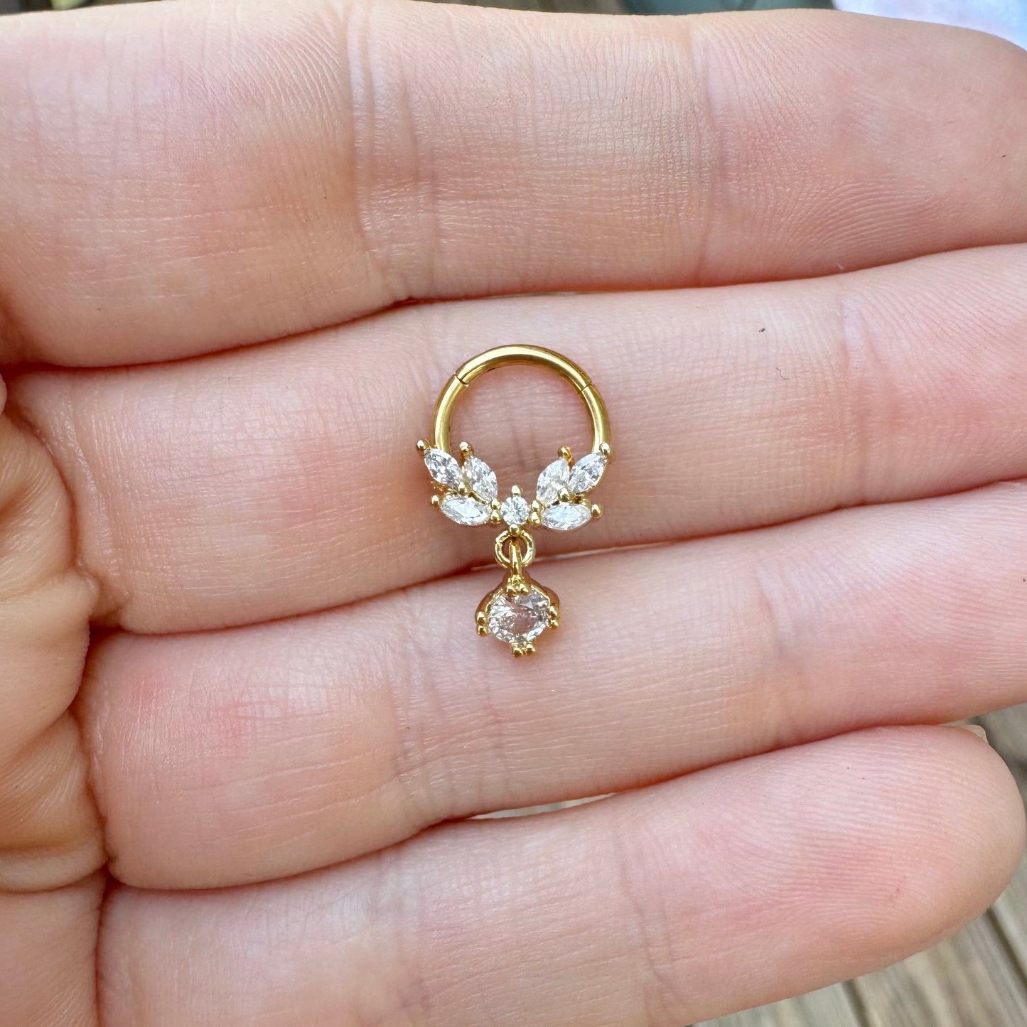 Dangly CZ Leaf Septum Ring (16G, 8mm or 10mm, Surgical Steel, Gold, Rose Gold, or Silver)