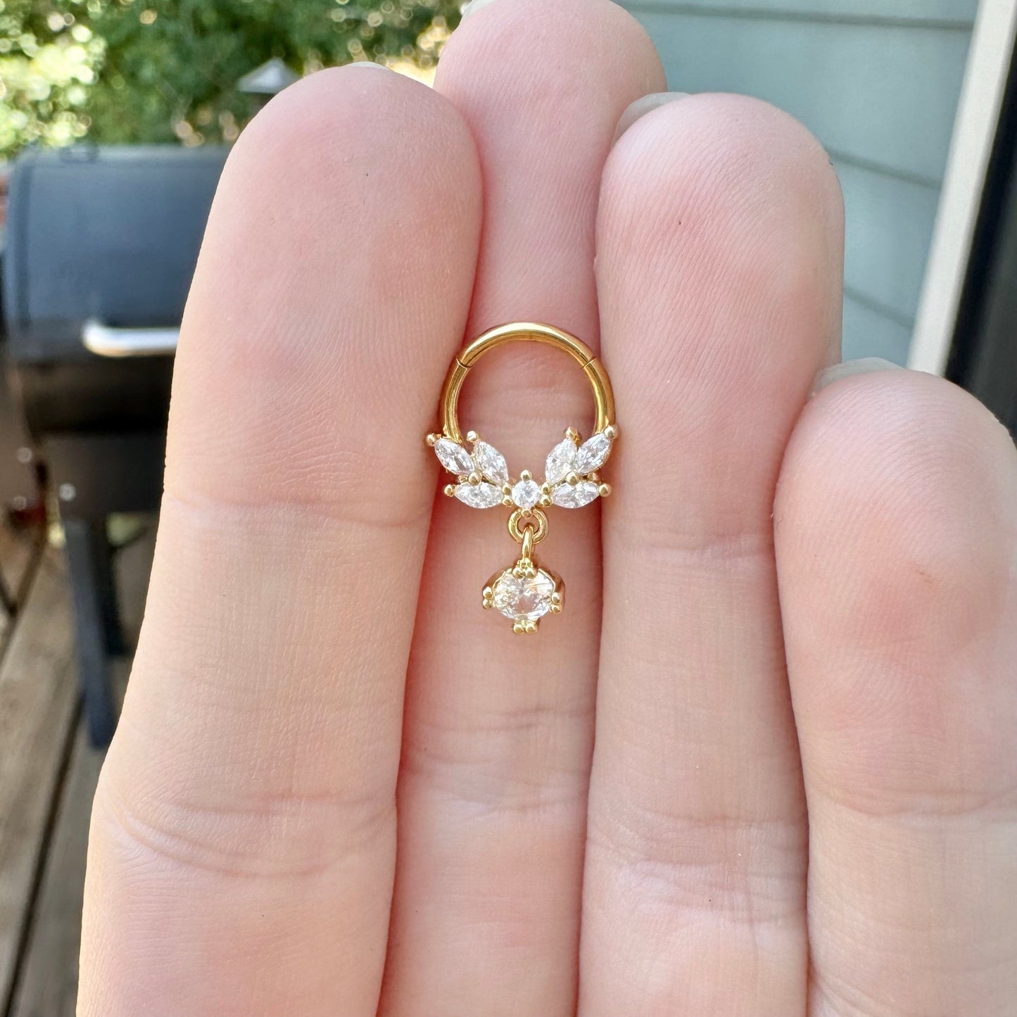 Dangly CZ Leaf Septum Ring (16G, 8mm or 10mm, Surgical Steel, Gold, Rose Gold, or Silver)