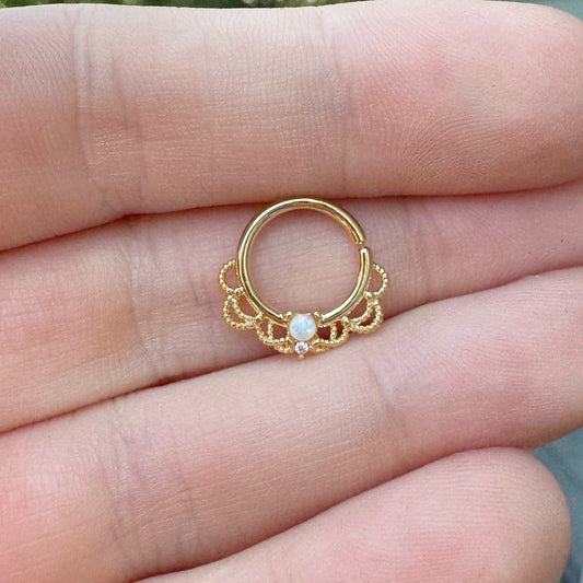 Gold Opal Filigree Septum Ring (16G, 10mm, Rose Gold, Gold or Silver)