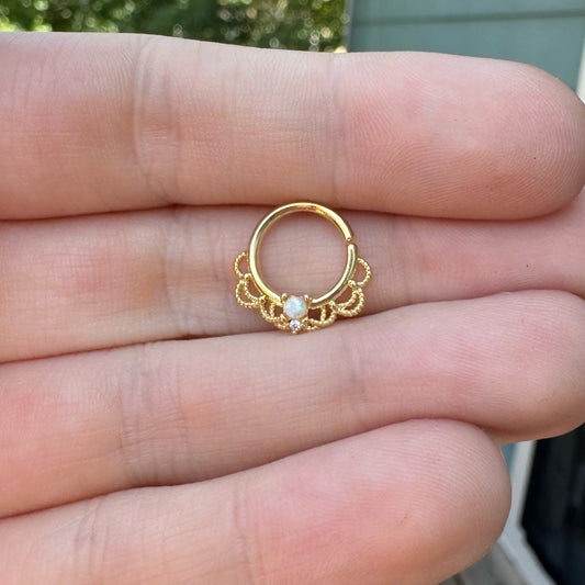 Gold Opal Filigree Septum Ring (16G, 10mm, Rose Gold, Gold or Silver)