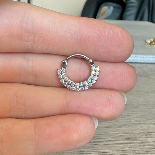 Silver Aurora Double Lined CZ Septum Ring (16G, 10mm, Surgical Steel)