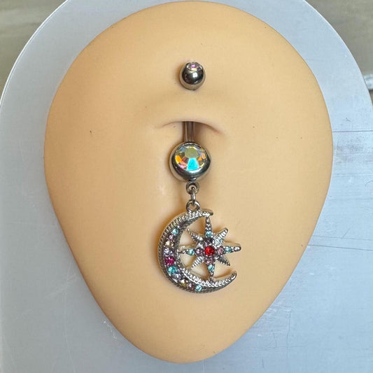 Silver Colorful Moon Belly Button Ring (14G, 10mm, Surgical Steel, Rose Gold, Silver or Gold)