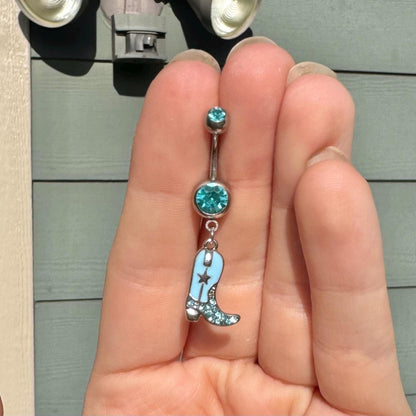 Cowboy Boot Belly Button Ring (14G, 10mm, Surgical Steel, Blue or Pink)