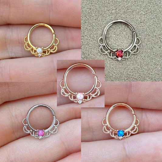 Silver Filigree Opal Daith Earring (16G, 10mm, Rose Gold, Gold or SIlver)