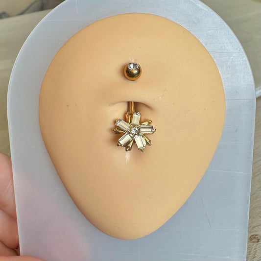 Gold Flower Belly Button Ring (14G, 10mm, Surgical Steel, Silver or Gold)