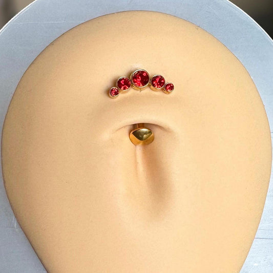 Threadless Gold Top Down Belly Button Ring w/Flat Back, Red (14G, 12mm, Surgical Steel, Several CZ Options)