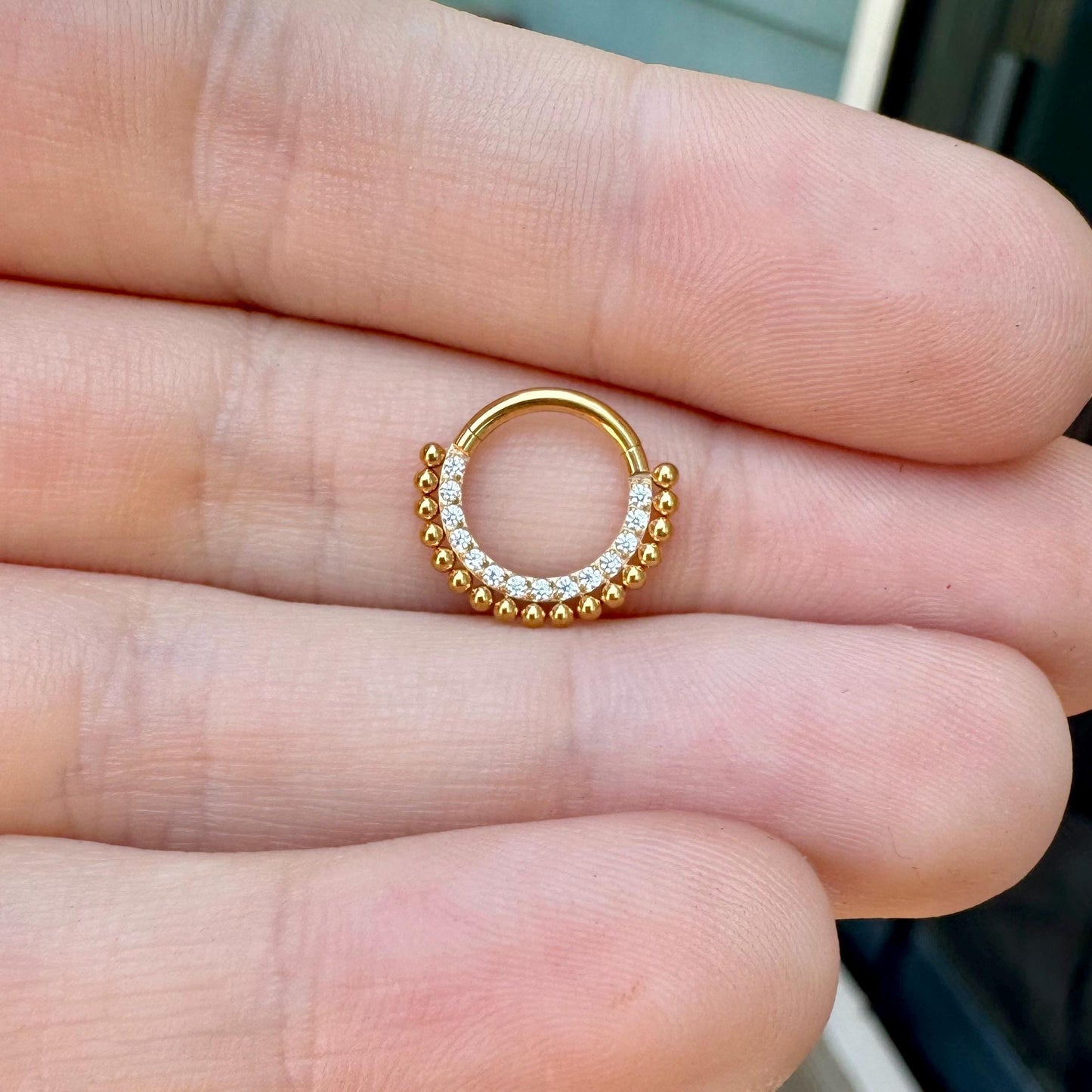 Gold Bead CZ Septum Ring (16G, 6mm, 8mm, or 10mm, Surgical Steel, Gold Silver or Black)