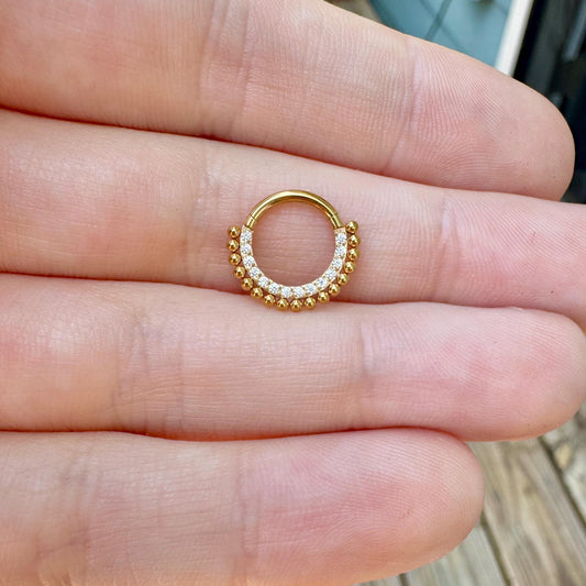 Gold Bead CZ Septum Ring (16G, 6mm, 8mm, or 10mm, Surgical Steel, Gold Silver or Black)